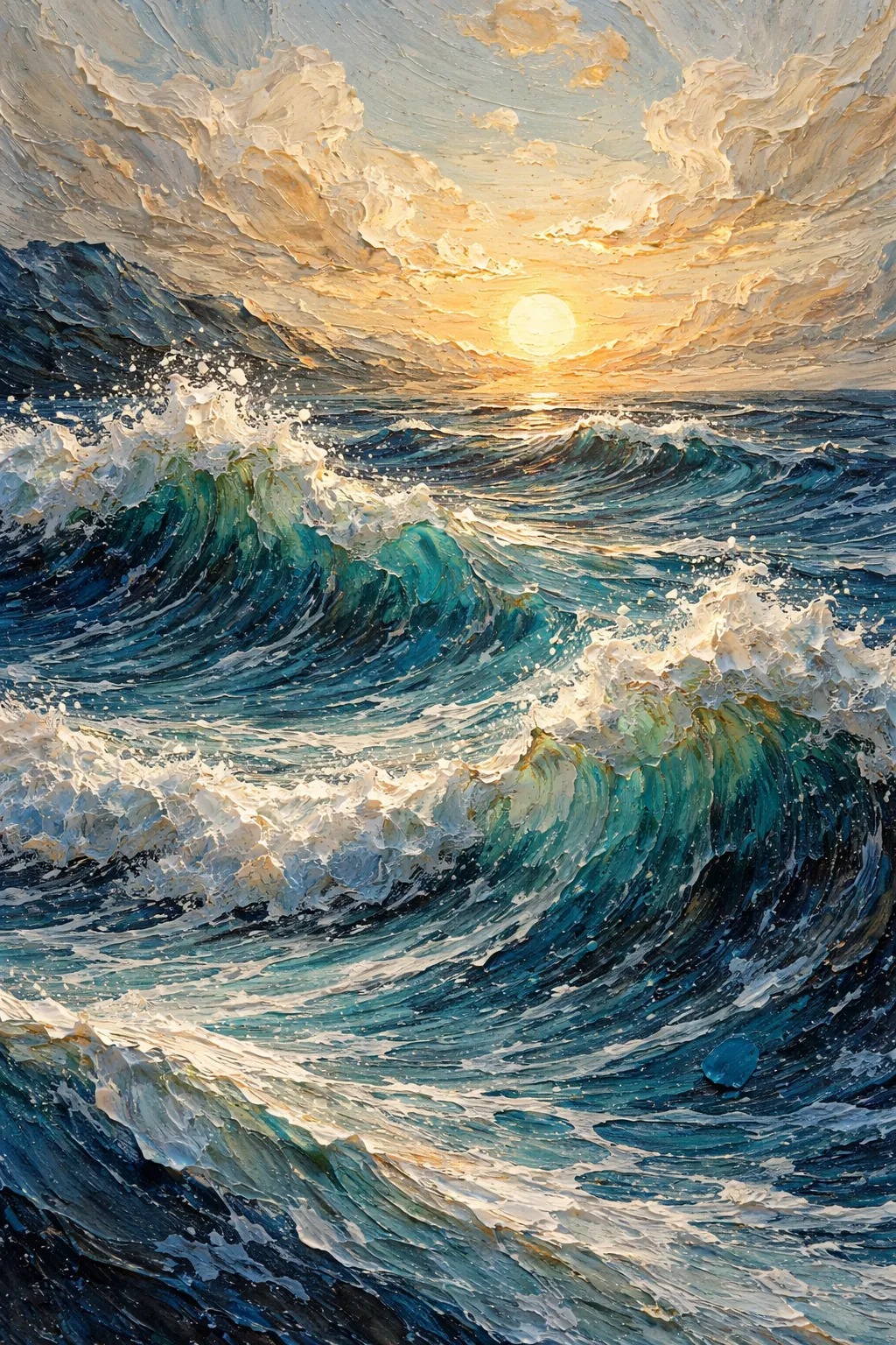 Abstract Ocean Waves canvas artwork with textured blue waves and a warm sun over the sea.