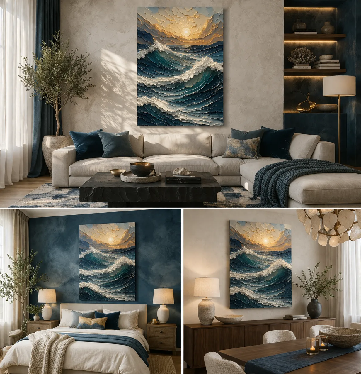 Abstract Ocean Waves canvas shown above a modern sofa in a blue and neutral living room.