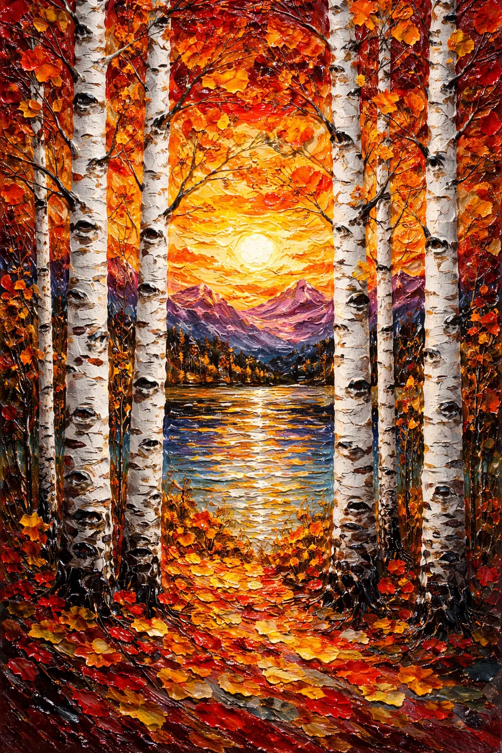 Birch Tree canvas artwork with white birch trunks, autumn leaves, mountains, and lake light.