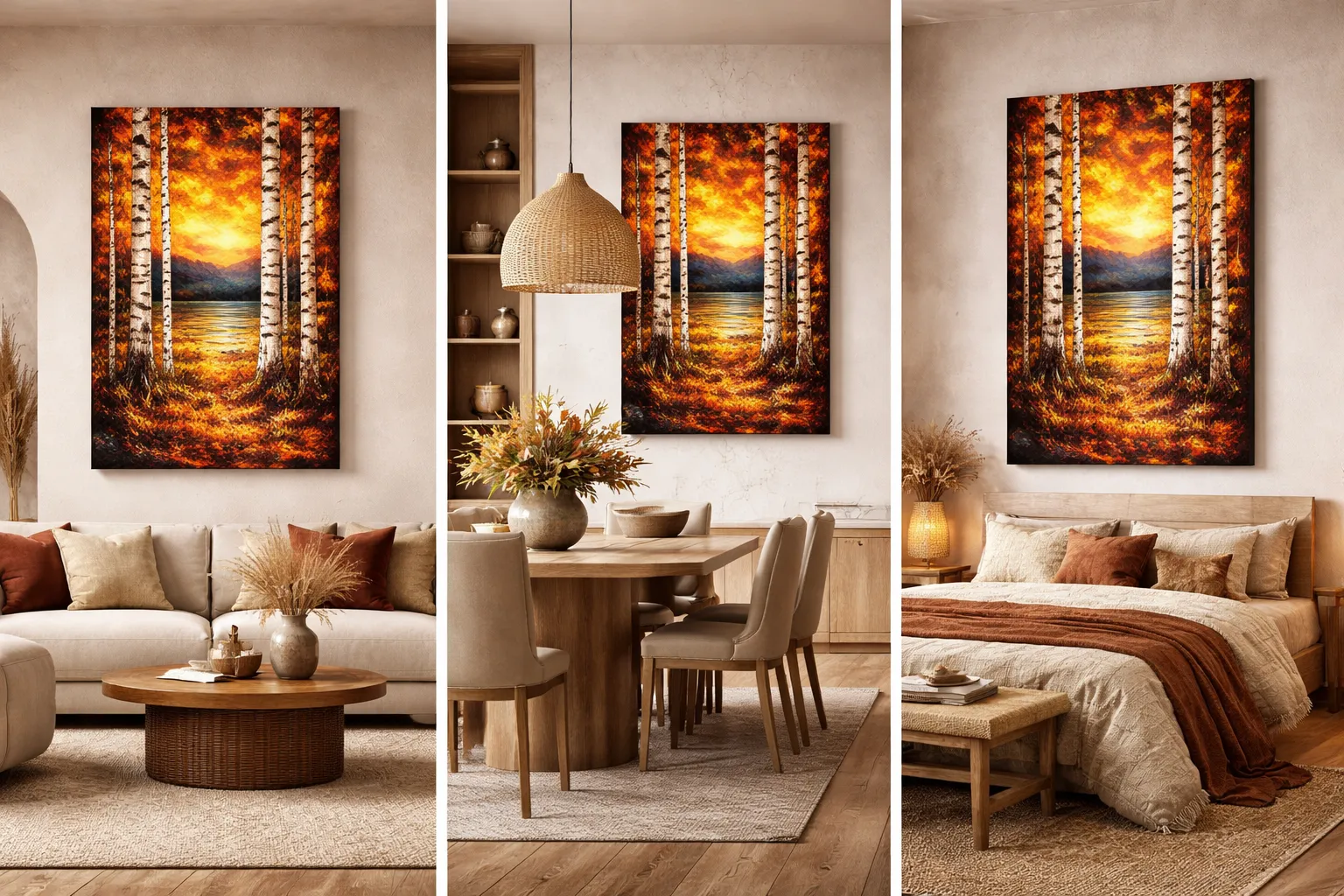 Birch Tree canvas displayed in warm neutral living, dining, and bedroom interiors.