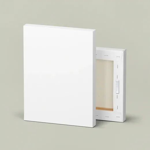 Front and back view of a stretched canvas print with a slim white gallery profile.