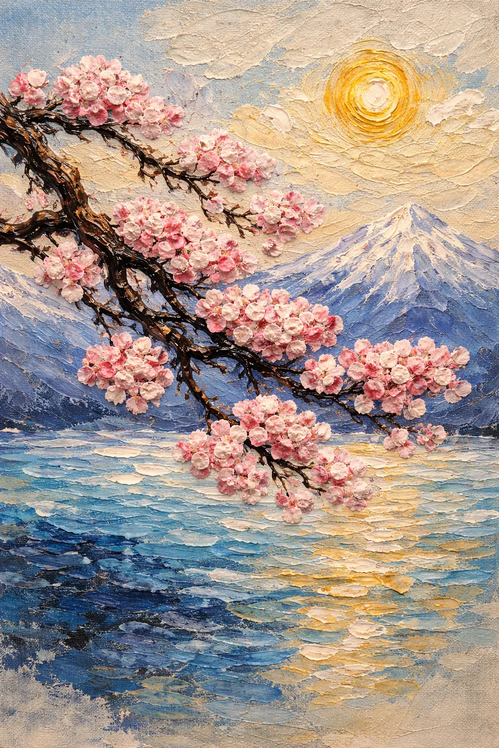 Cherry Blossoms canvas artwork with pink blossom branches, a mountain, lake, and warm sun.