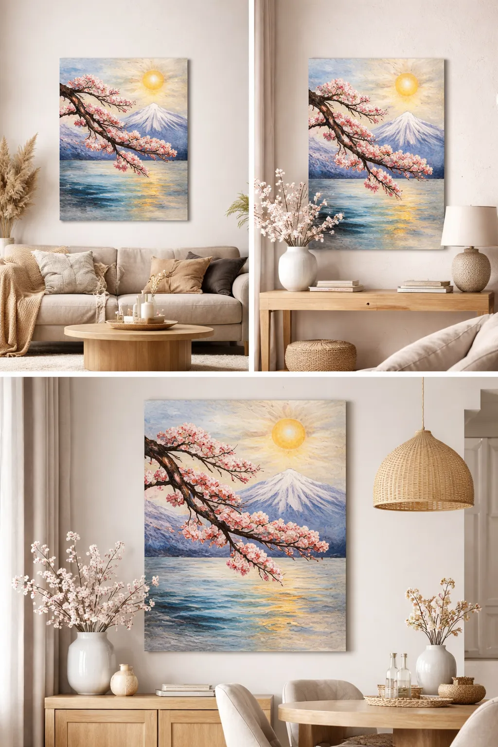 Cherry Blossoms canvas displayed in a bright neutral room with natural wood furniture.