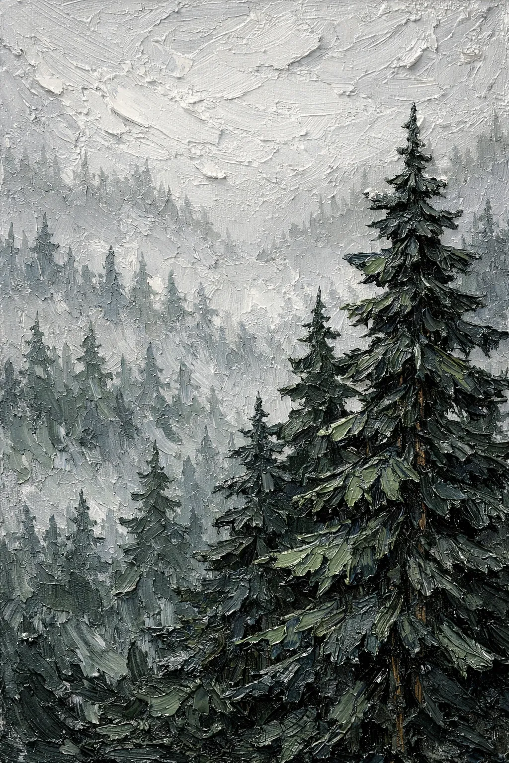 Foggy Forest canvas artwork showing evergreen trees fading into pale mist.