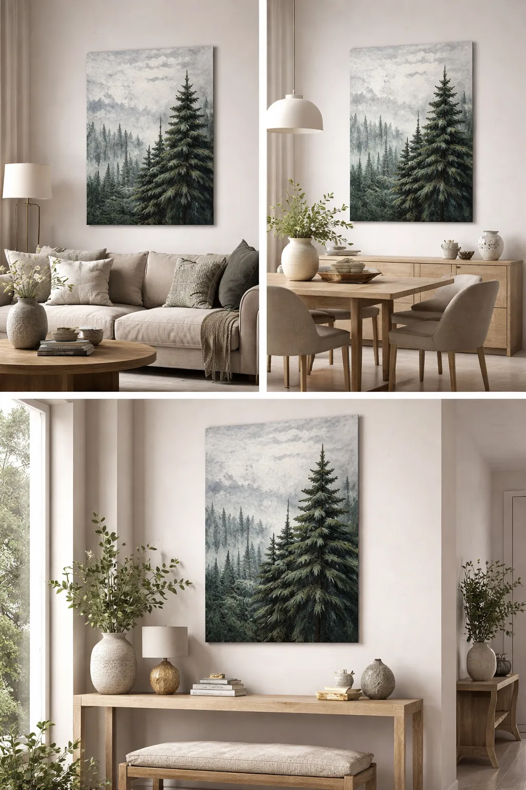 Foggy Forest canvas shown in soft neutral interiors with light wood furniture.