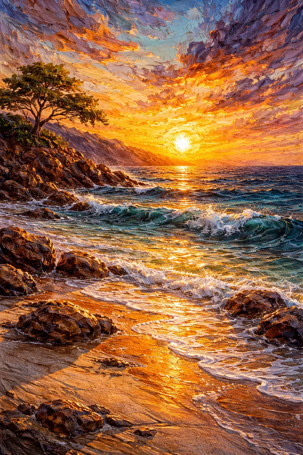 Golden Coastal Sunset canvas artwork with orange sunset, ocean waves, rocky shore, and a windswept coastal tree.