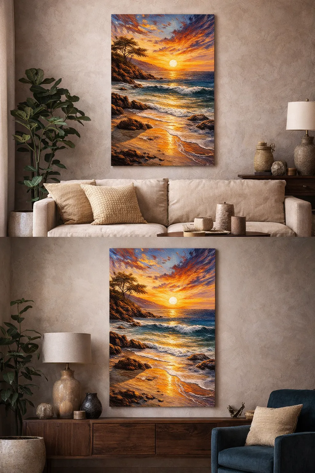 Golden Coastal Sunset canvas displayed above a sofa and console in warm neutral interiors.