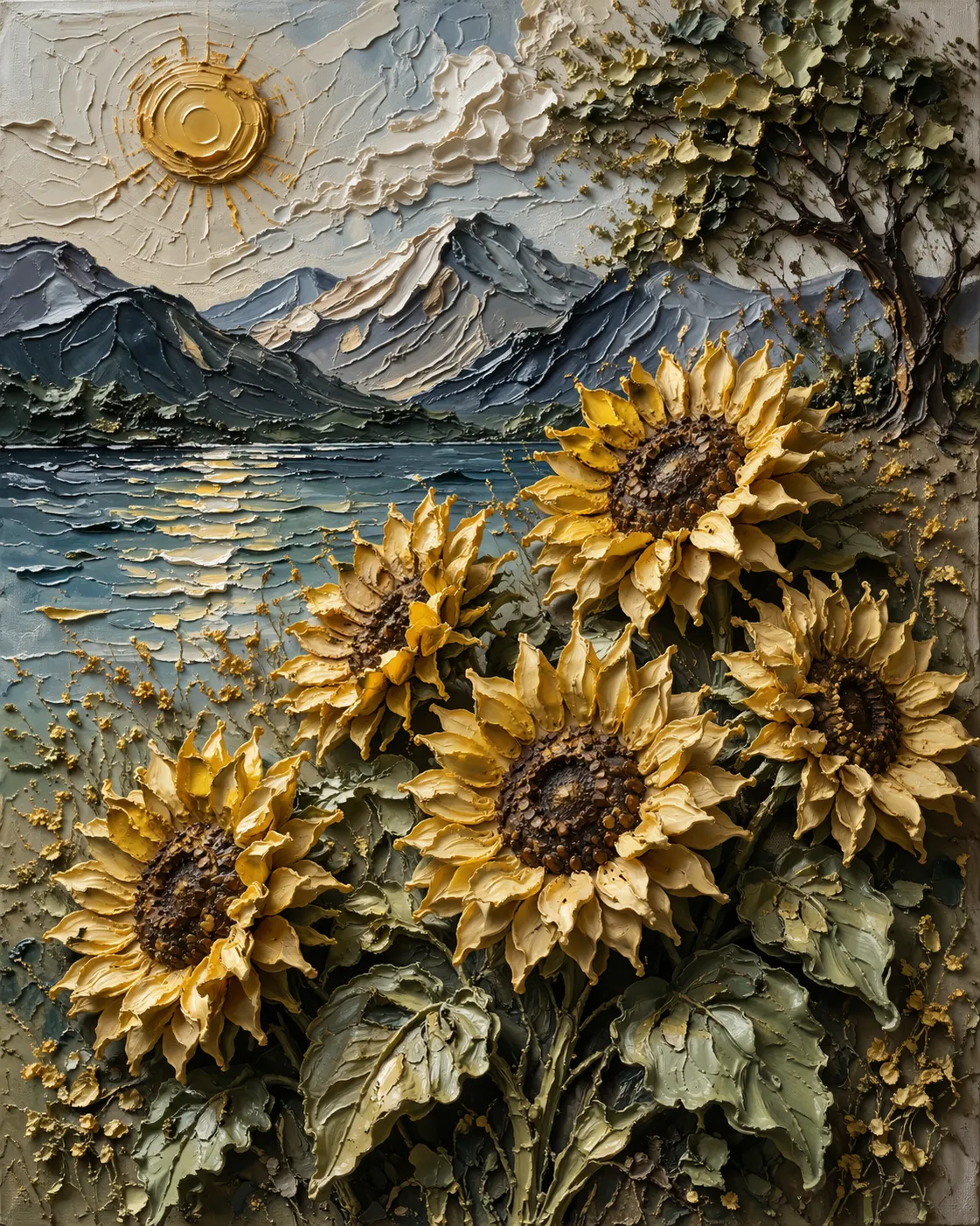 Impasto Sunflowers canvas artwork with golden sunflowers, mountain lake light, and textured painterly detail.