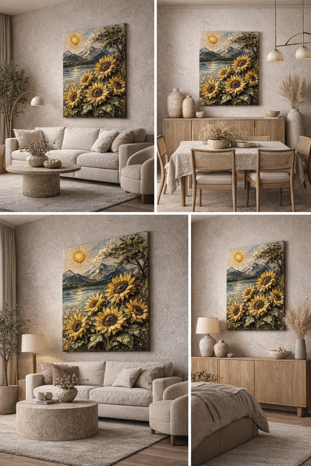 Impasto Sunflowers canvas shown in warm neutral living, dining, and bedroom interiors.