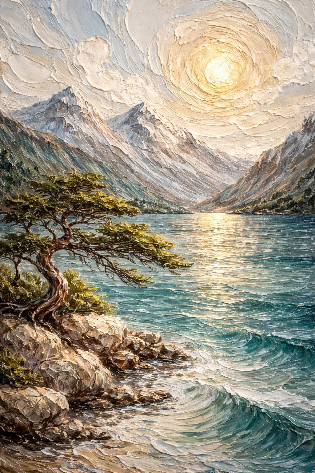 Mountain River Light canvas artwork with turquoise water, snow-covered mountains, a small tree, and a bright textured sun.