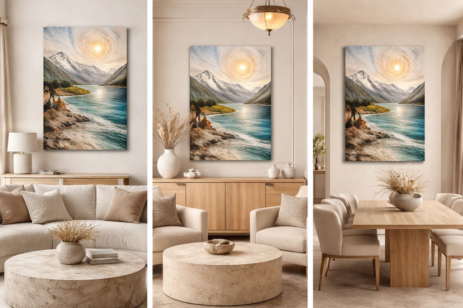 Mountain River Light canvas shown in bright neutral living and dining interiors.