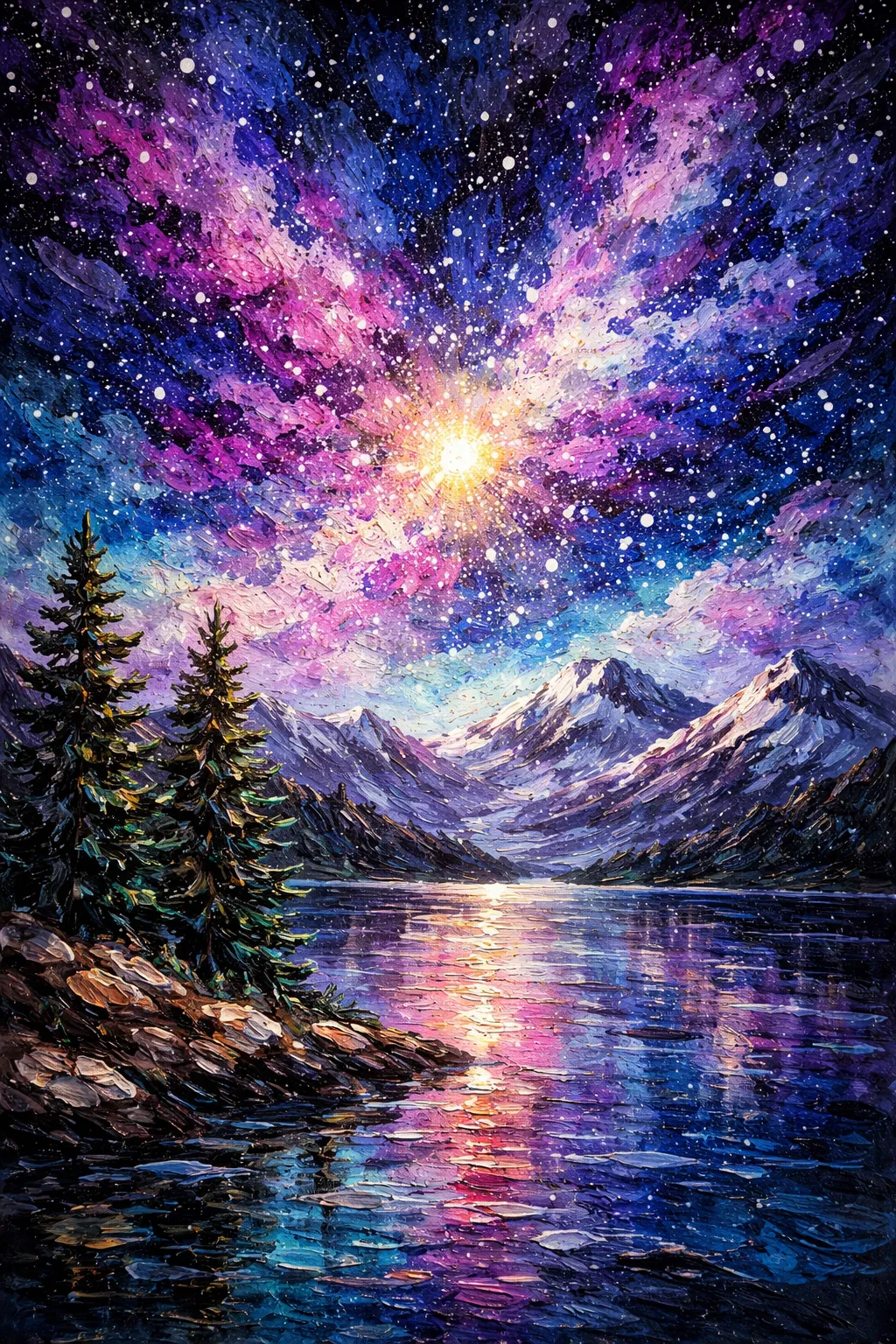 Sponged Galaxy canvas artwork showing a luminous galaxy above mountains and a lake.