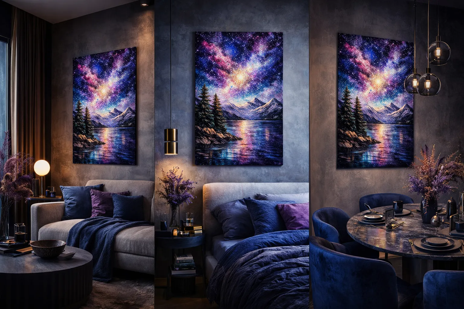 Sponged Galaxy canvas displayed in a moody interior with blue seating and warm pendant lights.