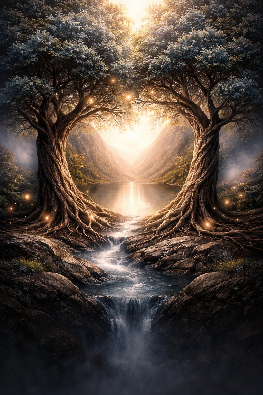 Stillness in Motion canvas artwork showing two sculptural trees framing a warm river valley.