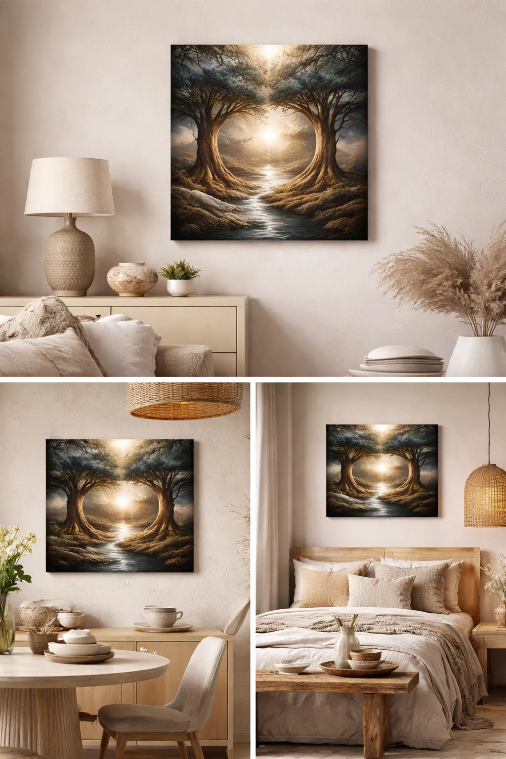 Stillness in Motion shown as a square-style canvas in a styled neutral interior.