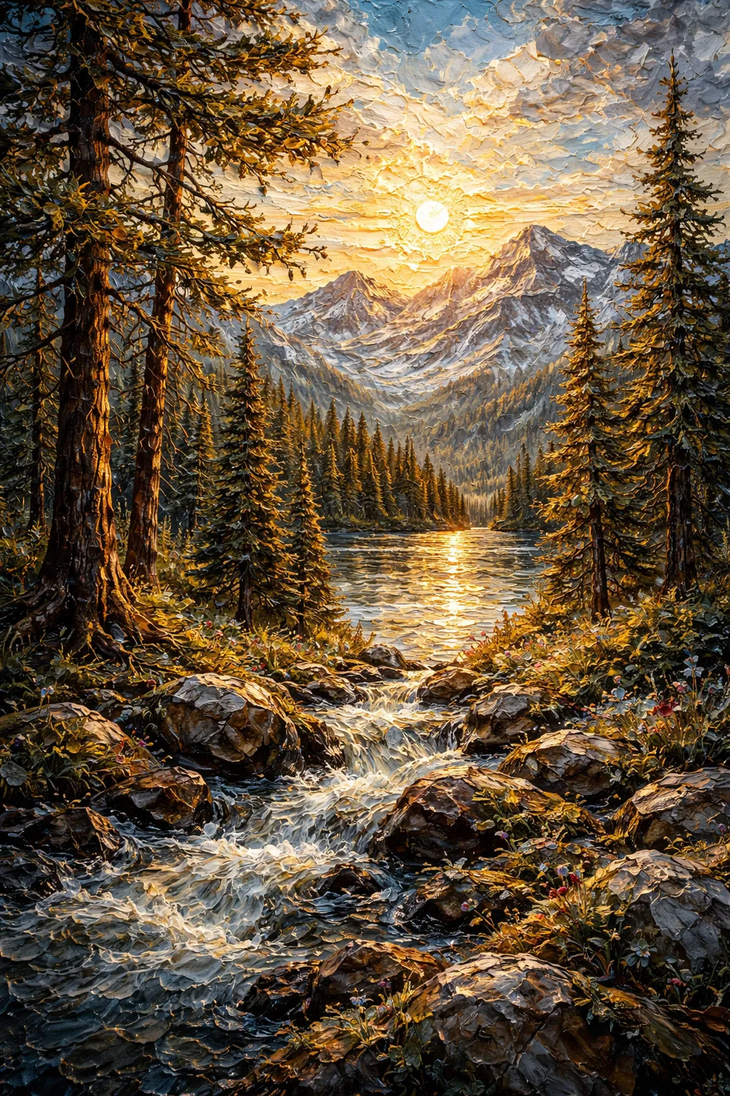 Sunlit Forest River canvas artwork with a glowing mountain river, tall trees, rocks, and alpine sunset light.