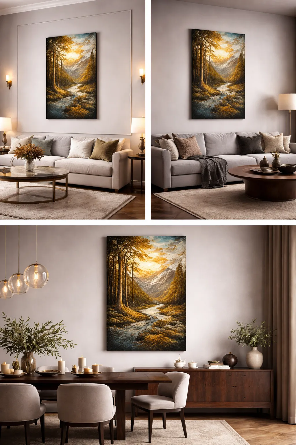 Sunlit Forest River canvas displayed in warm living room and dining room interiors.