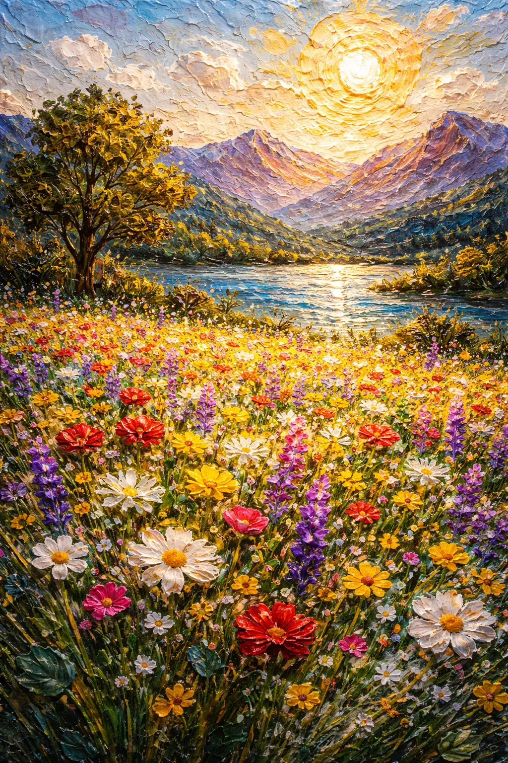 Wildflower Meadow canvas artwork with colorful flowers, a lake, mountains, and warm sun.
