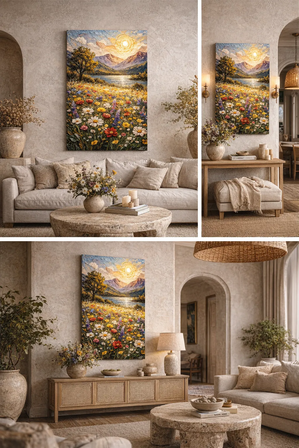 Wildflower Meadow canvas shown in a warm neutral living room with natural textures.